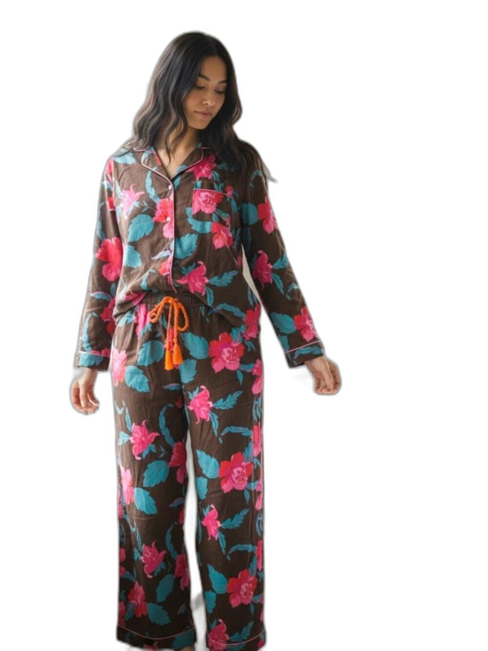 NWT‎ JAPNA Women's Floral 100% Cotton Pajama Set in Brown Pink Teal Size L